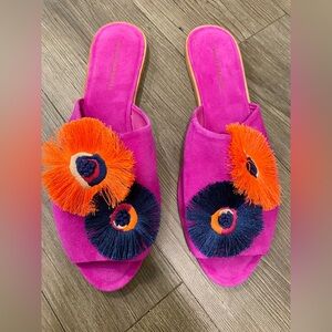 Loeffler Randall Pink Suede Slide Mules with Orange & Navy Tassel Pom